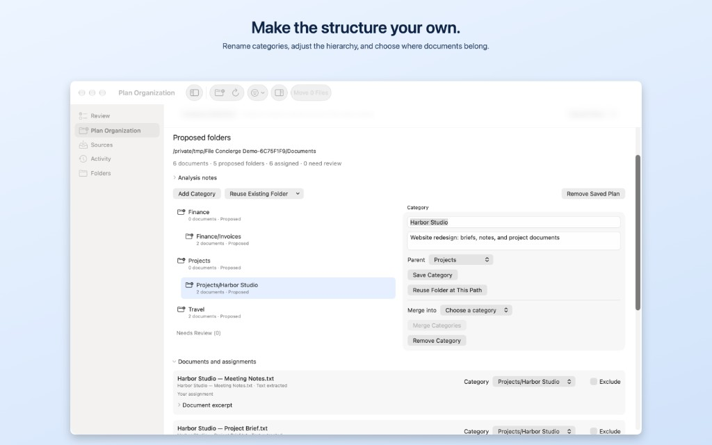 File Concierge category editor for Projects/Harbor Studio with document assignments