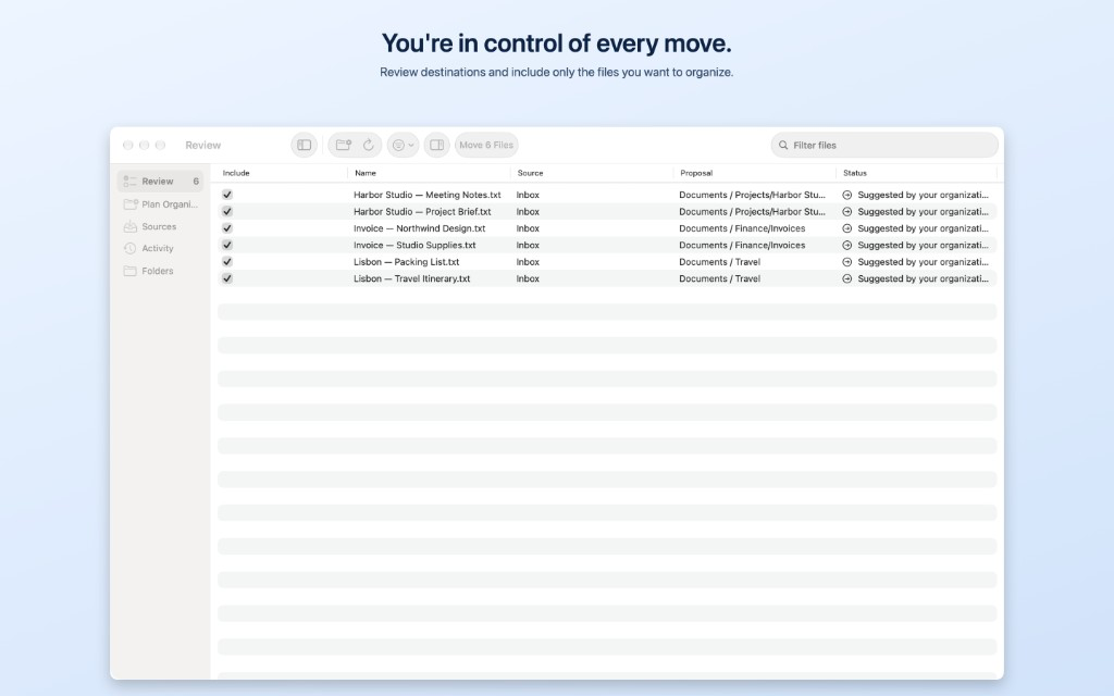 File Concierge Review list of documents, proposed destinations, and include checkboxes