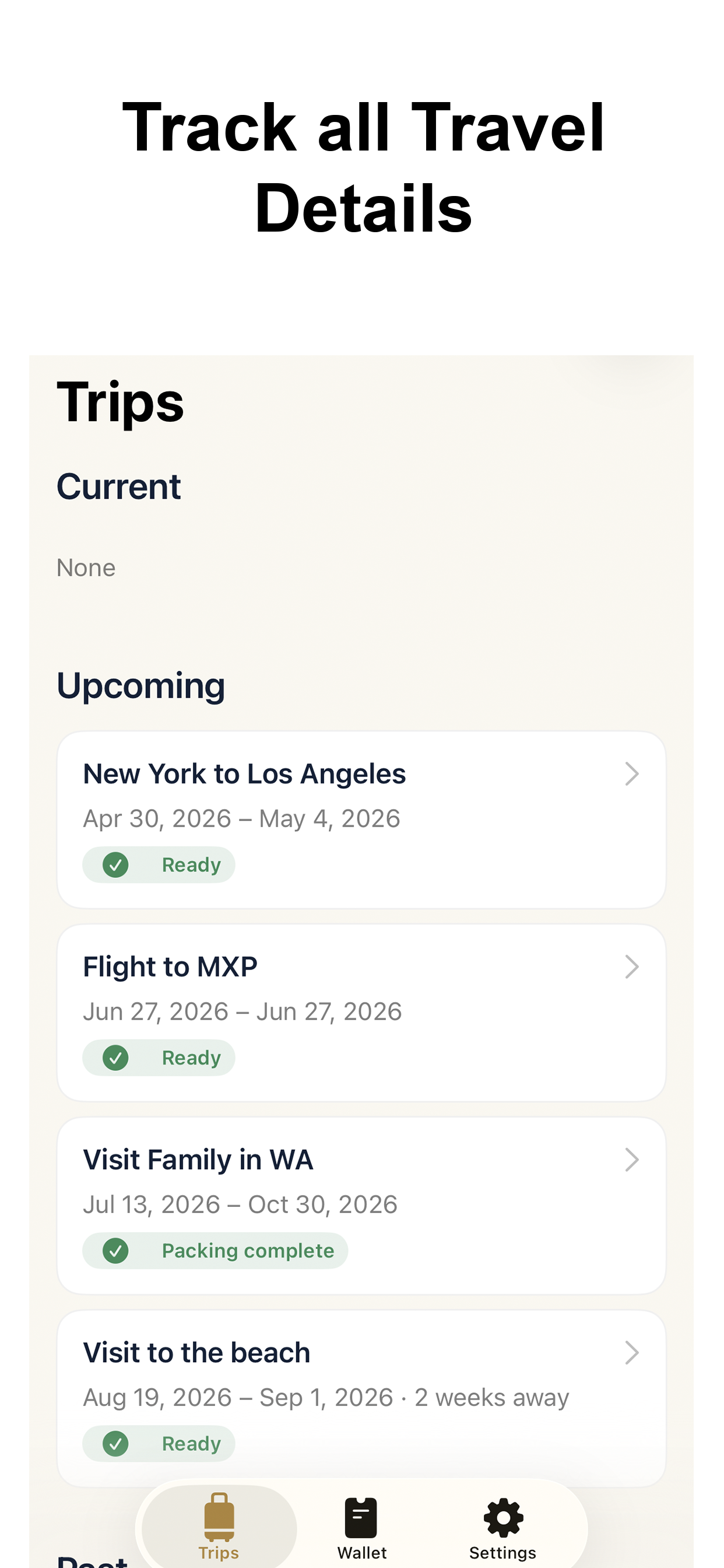 Gullivers Trips screen showing current and upcoming trips with readiness status