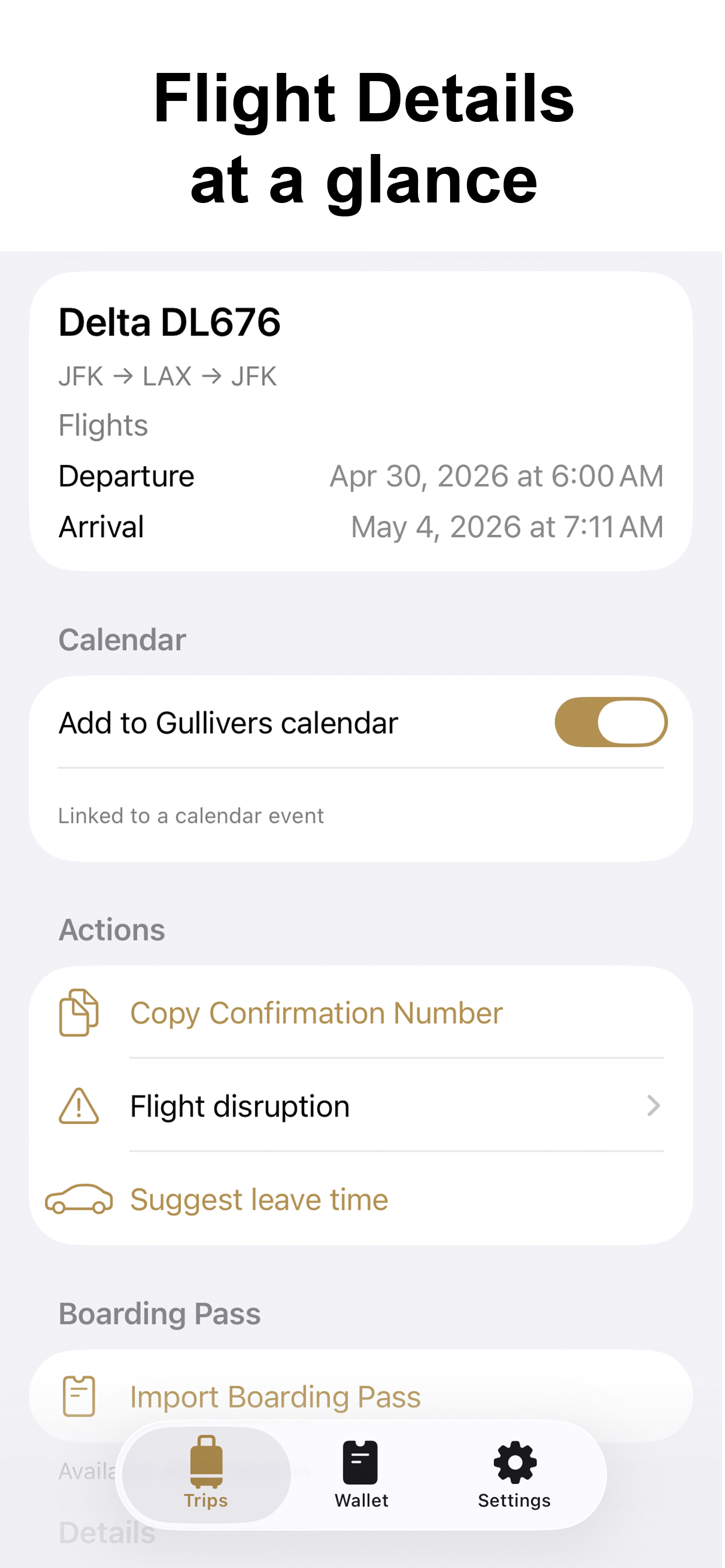 Gullivers flight details with departure, arrival, calendar link, and boarding pass actions