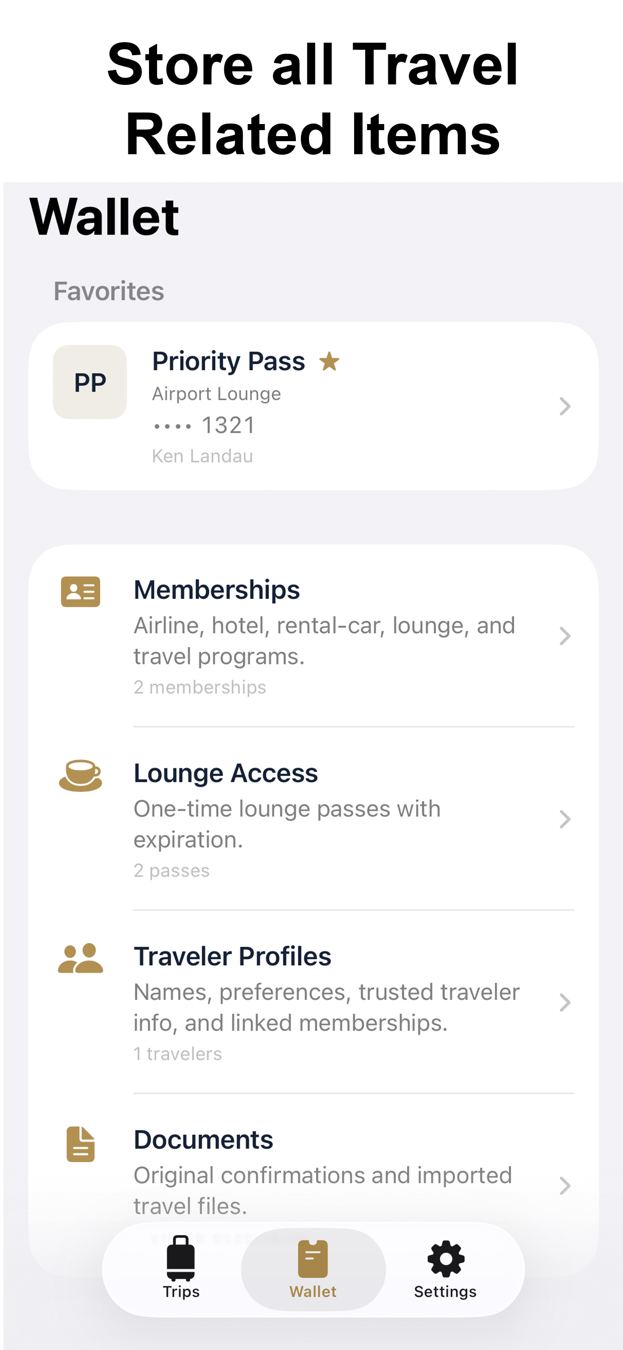 Gullivers Wallet with favorites, memberships, lounge access, traveler profiles, and documents