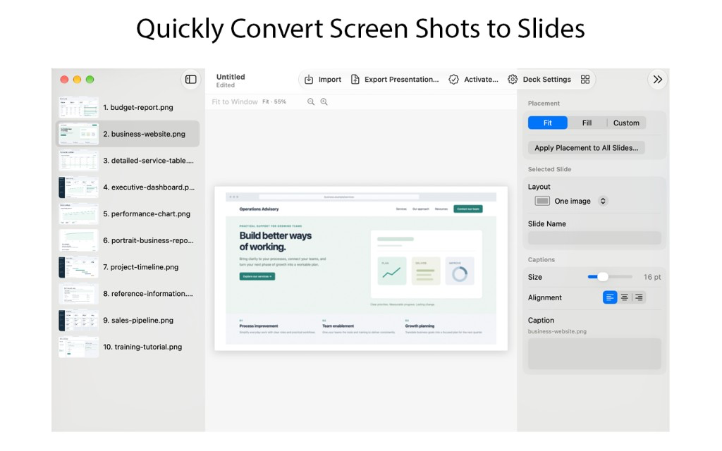 ImageDeck with a folder of screenshots arranged as slides and Fit placement selected