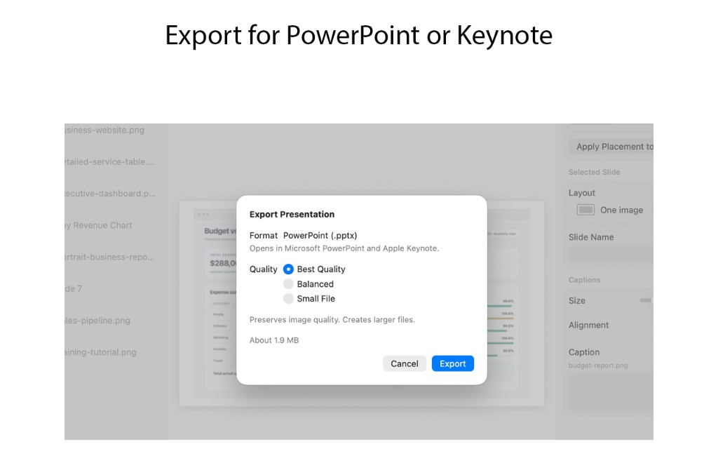 Export Presentation dialog set to PowerPoint, Best Quality, which opens in PowerPoint and Keynote