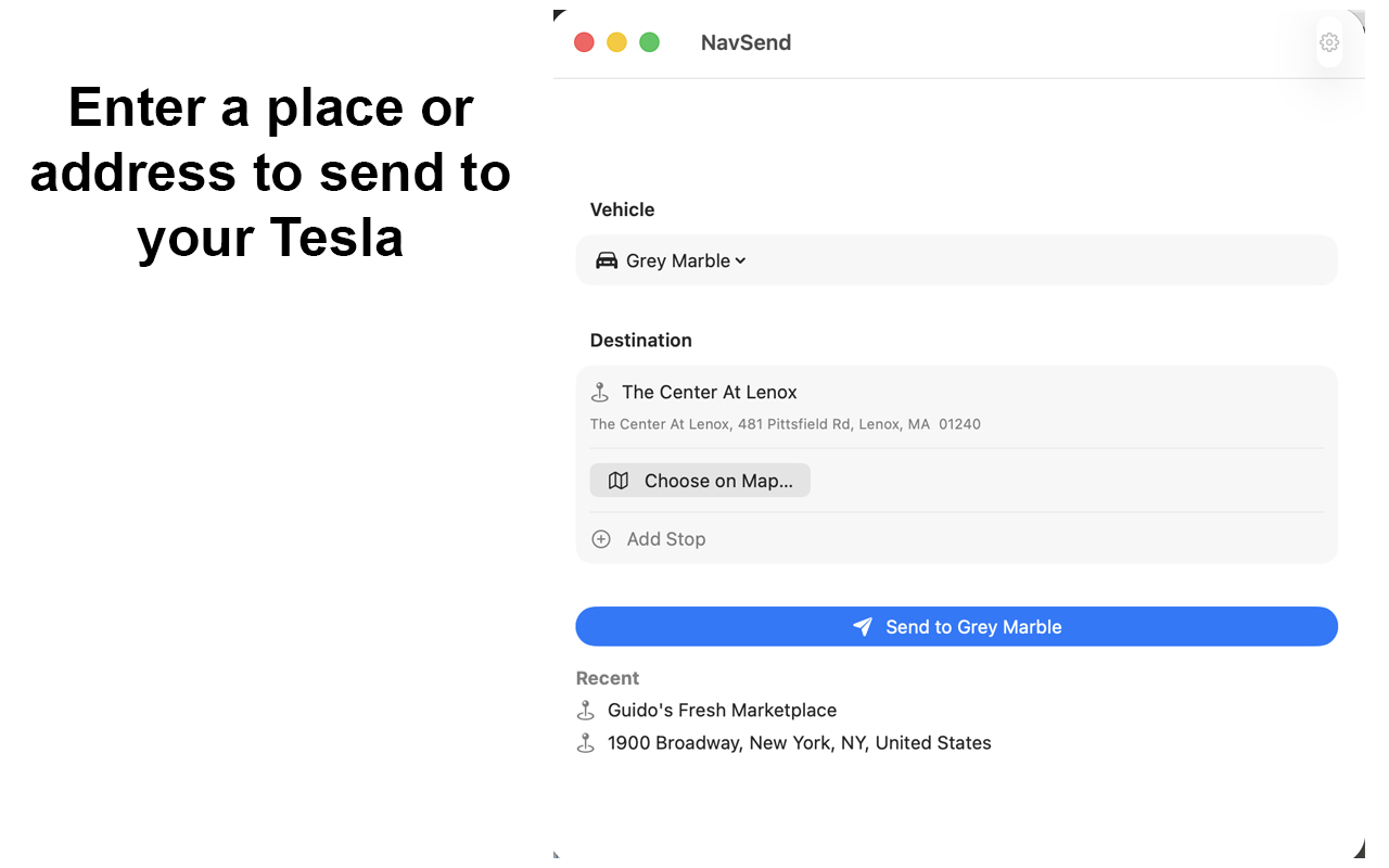 NavSend window with a destination ready to send to a Tesla