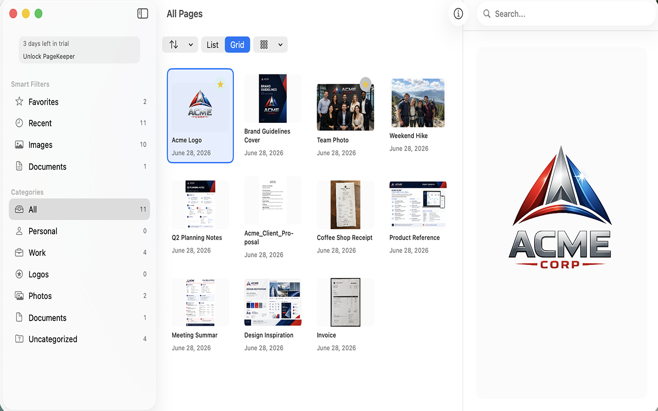 PageKeeper grid view showing thumbnails of logos, photos, documents, and receipts