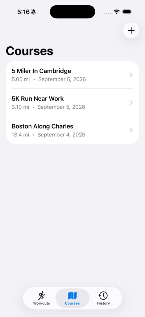 RunBuilder Courses list with saved routes and distances