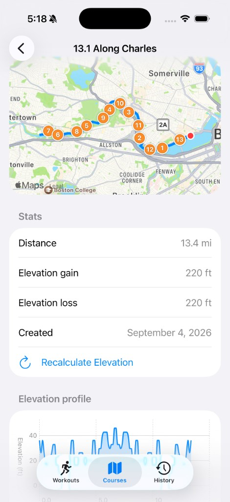 RunBuilder course detail showing map with mile markers, stats, and elevation profile