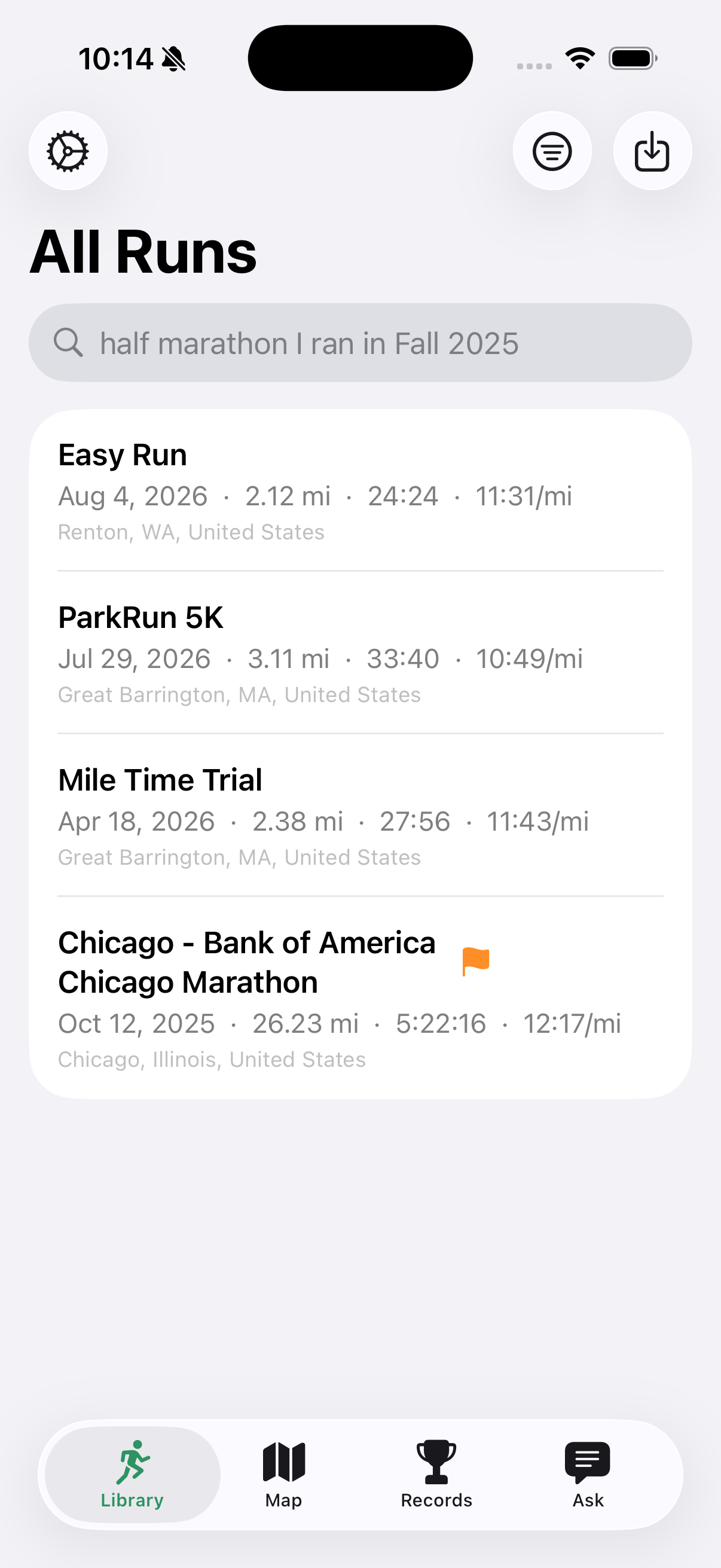 RunRecall All Runs library with search and a list of activities