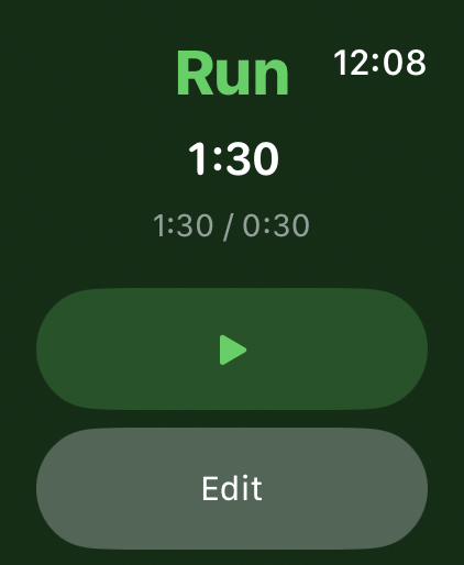RunWalkTimer on Apple Watch ready to start a 1:30 run and 0:30 walk interval