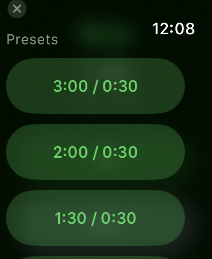 RunWalkTimer presets list on Apple Watch
