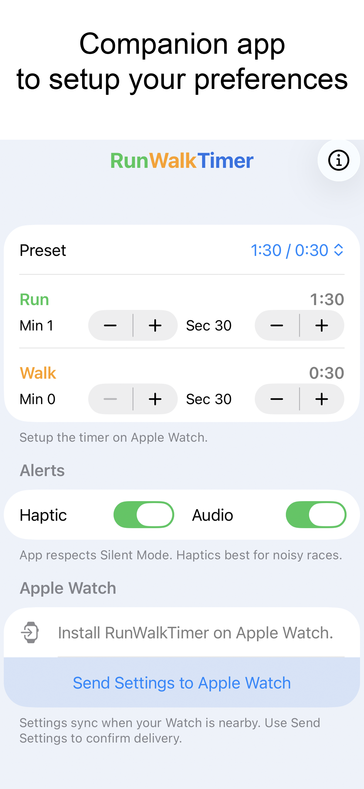 RunWalkTimer iPhone companion showing run and walk interval settings and alerts