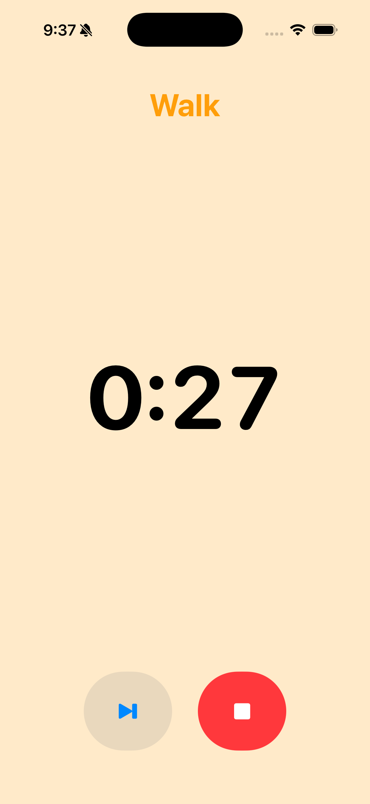 RunWalkTimer active Walk countdown on iPhone with Skip and Stop controls