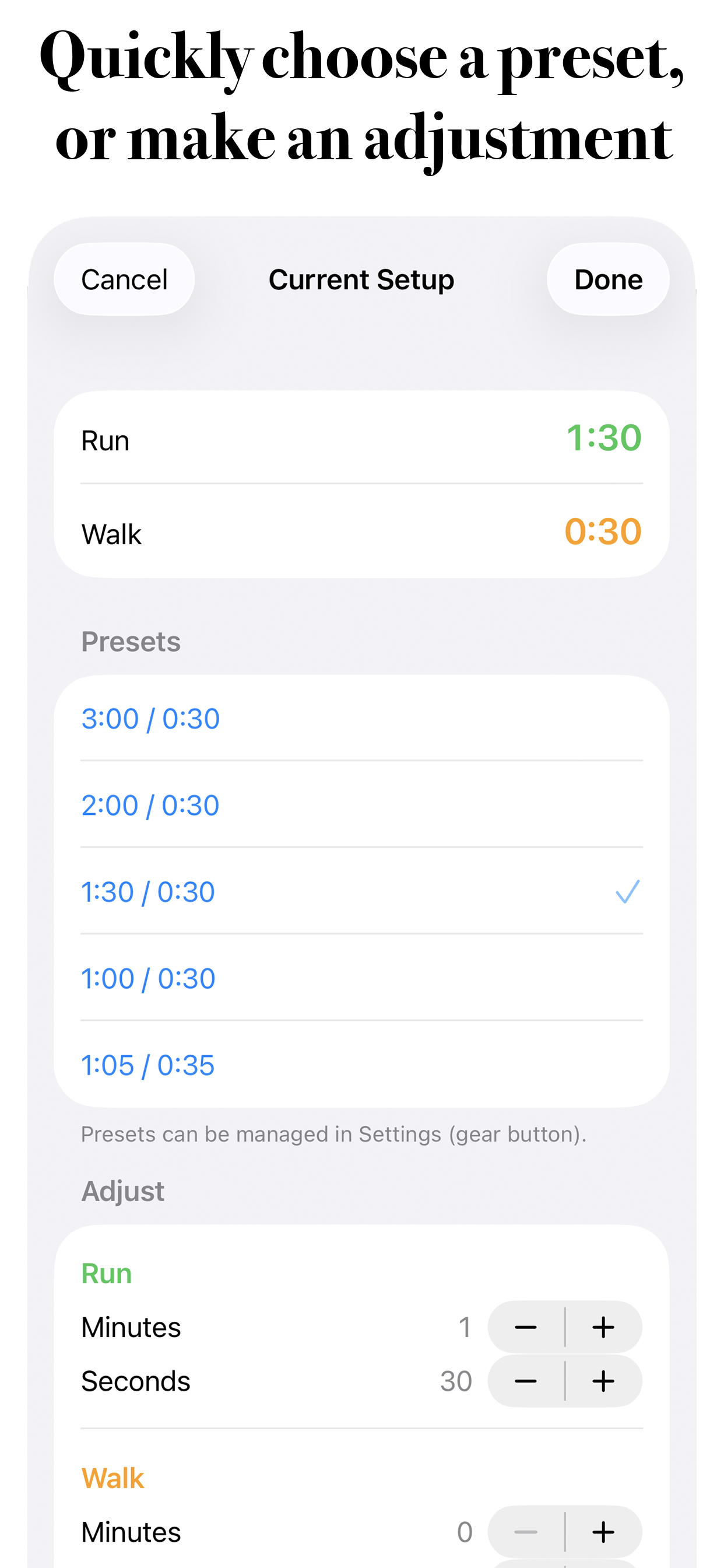 RunWalkTimer Current Setup screen for choosing a preset or adjusting run and walk times