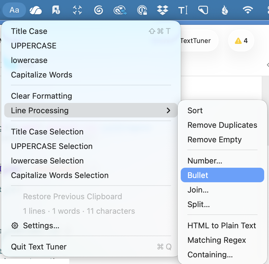 TextTuner menu bar menu on Mac showing case transforms and line processing tools