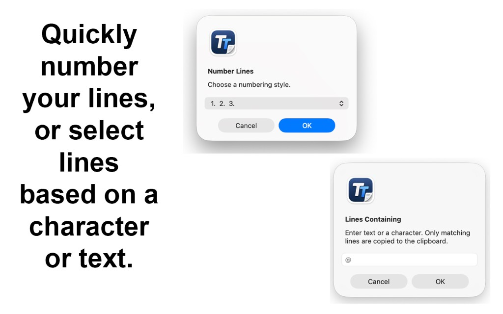 TextTuner Number Lines and Lines Containing dialogs for numbering and filtering lines