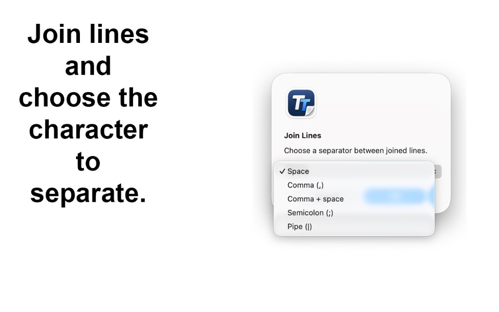 TextTuner Join Lines dialog with separator choices such as space, comma, and pipe