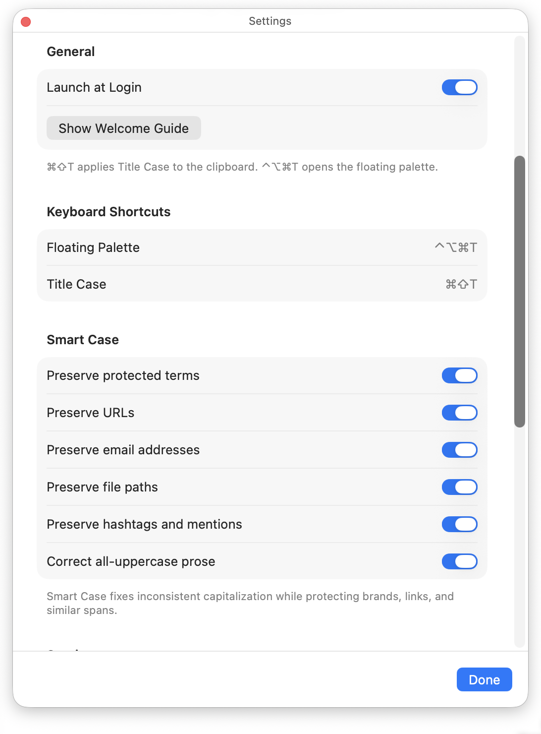 TextTuner Settings showing launch at login, keyboard shortcuts, and Smart Case options
