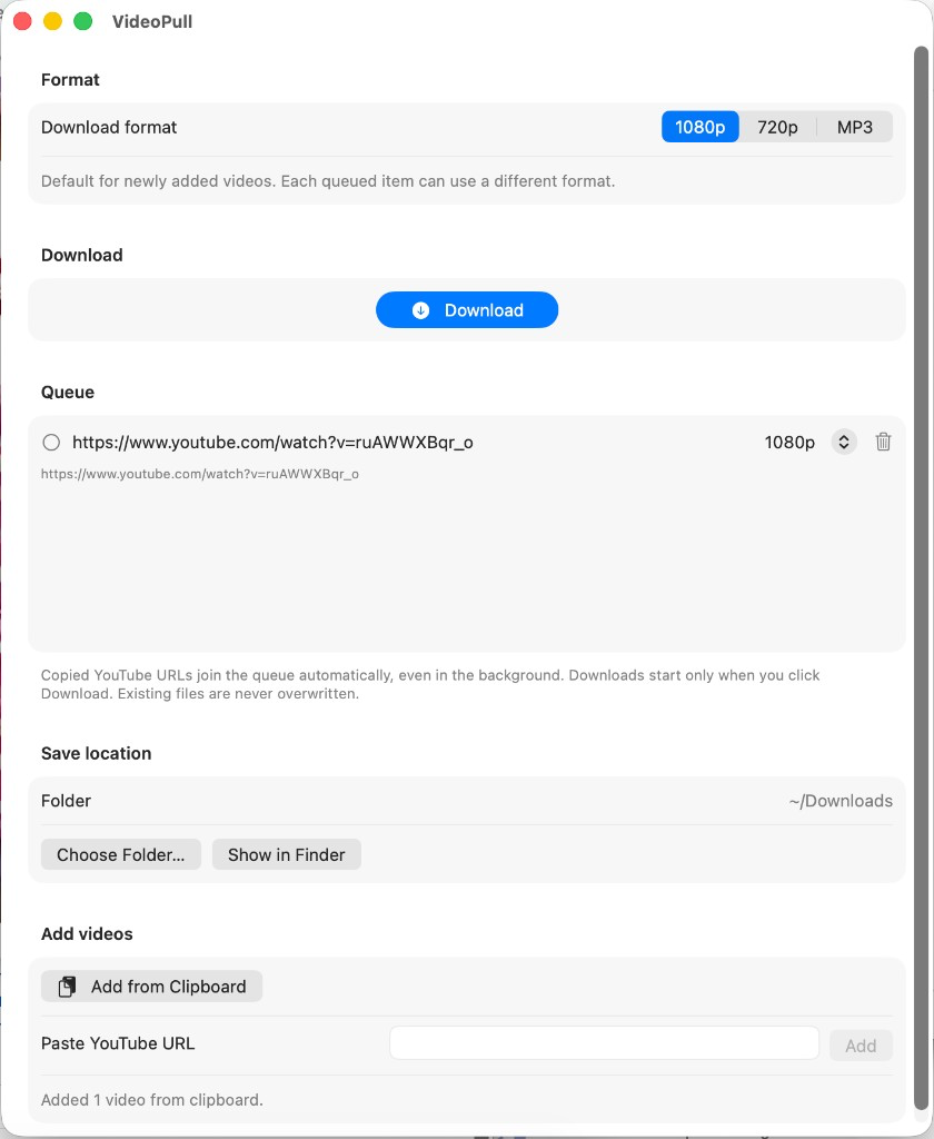VideoPull window with 1080p selected, a YouTube link in the queue, and Downloads as the save folder